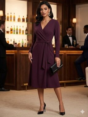 H&M Modern Classic Pebbled Crêpe Wrap Midi Burgandy Dress - EUC